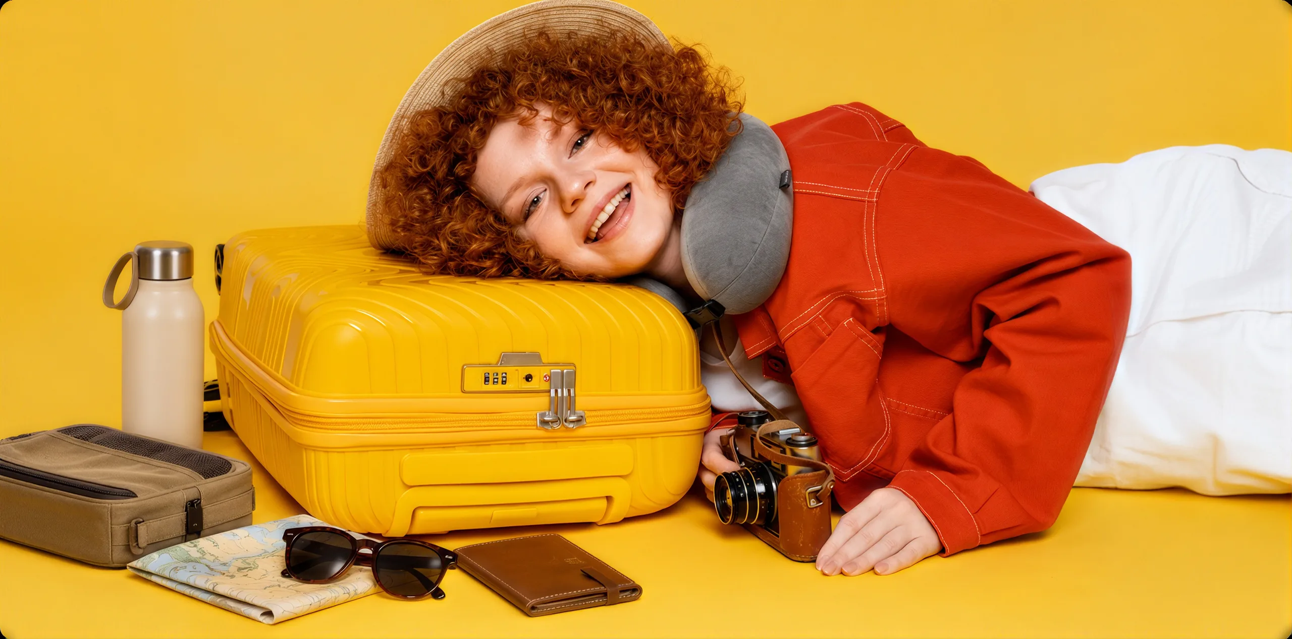 A traveller resting on a yellow hard-shell suitcase beside a neck pillow, camera, packing cube and water bottle