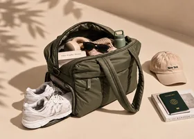 Olive weekender bag packed with sunglasses, sneakers, a cap and a passport